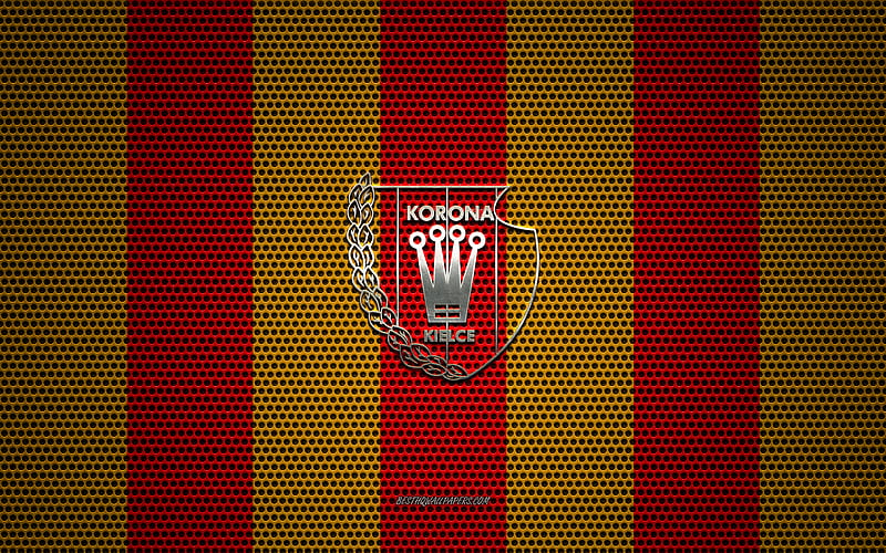 Korona Kielce logo, Polish football club, metal emblem, red yellow metal mesh background, Korona Kielce, Ekstraklasa, Kielce, Poland, football, HD wallpaper
