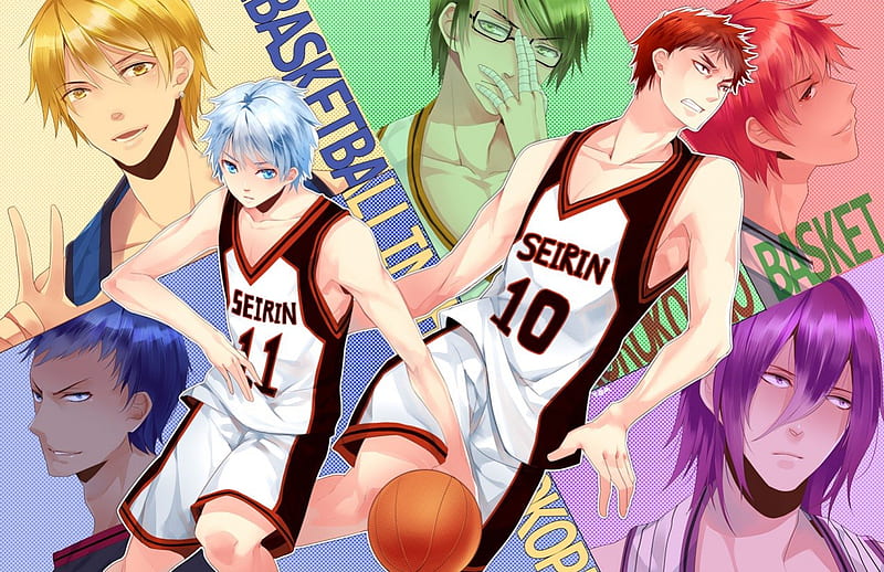 Kuroko no Basket, redhead, guy, ball, group, basketball, anime, jersey, handsome, hot, team, male, red hair, sexy, short hair, boy, sport, cool, blue hair, basket, HD wallpaper