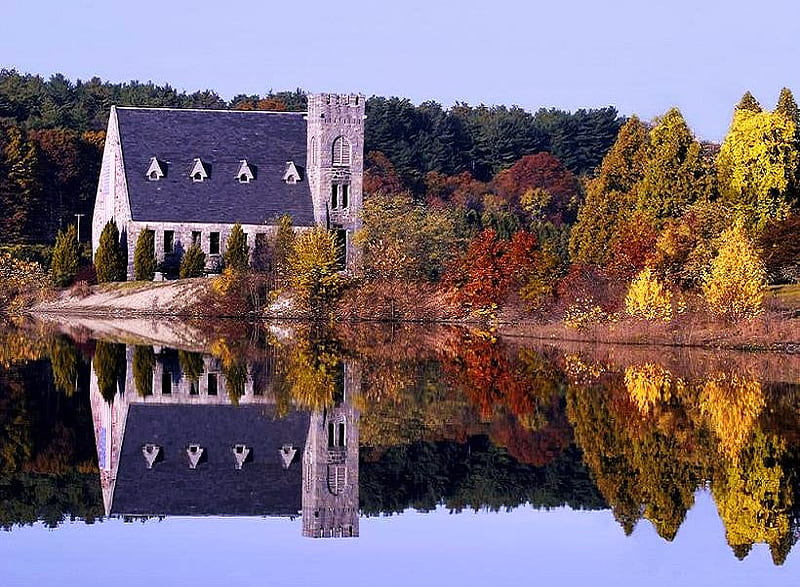Little stone church, church, trees, lake, mountain, calm, blue roof, stone, autumn colors, reflections, HD wallpaper