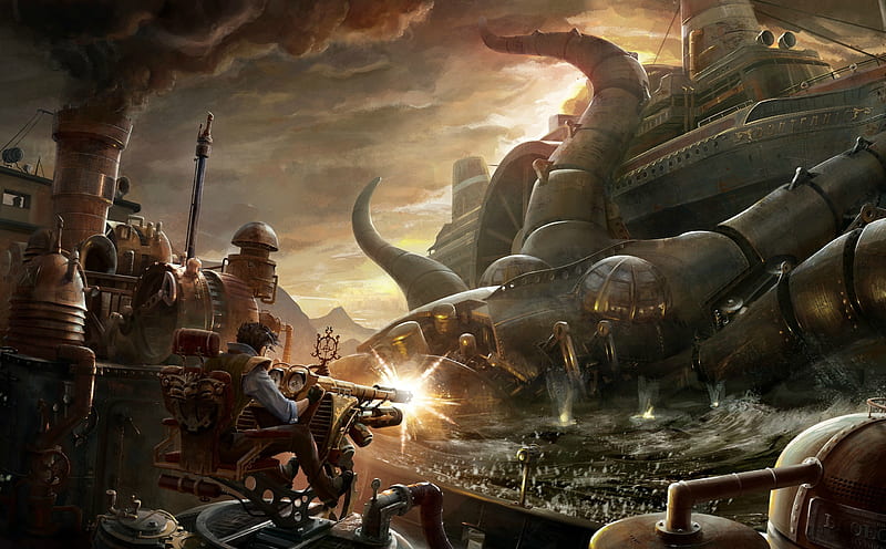 steampunk battle, giant ship, heavy weapon, smoke, Sci-fi, HD wallpaper