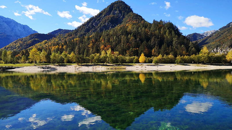 Beautiful Slovenia at Kranjska Gora, reflections, autumn, clouds, trees, sky, water, mountains, HD wallpaper