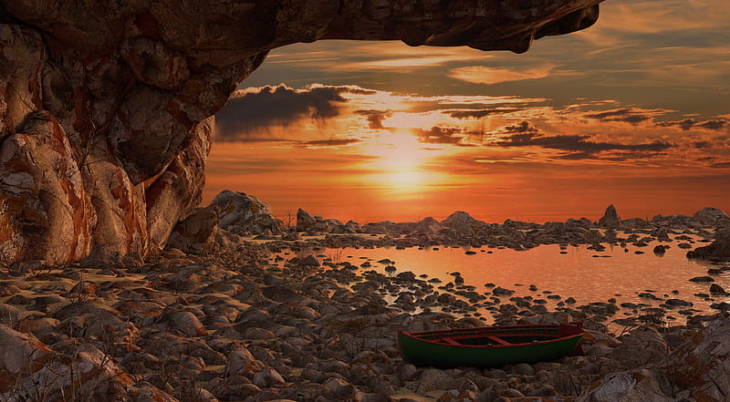 Sunset Shimmer, rocks, beach, sunset, canoe, sky, clouds, cave, sea, 3d, HD wallpaper