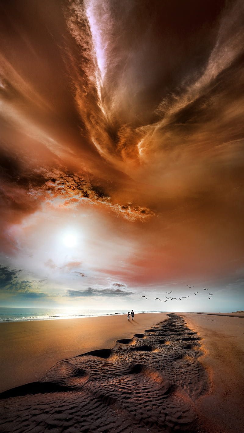 beach, clouds, footsteps, nature, people, sand, sky, sunset, ultra, HD phone wallpaper