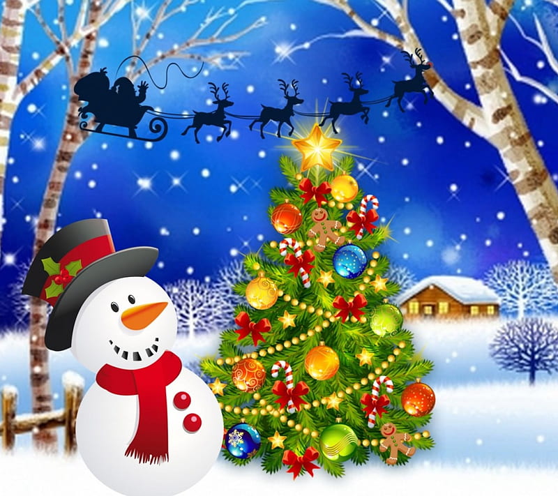 Merry Christmas, sleigh, house, Fence, snowman, Santa, deer, Winter, Trees, xmas tree, snow, decorations, Snowy, HD wallpaper