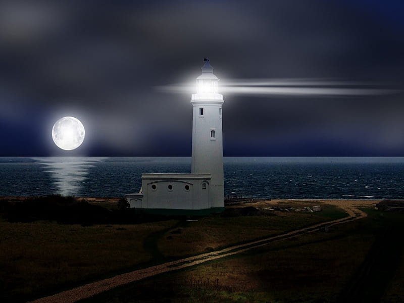 LIGHTHOUSE, beach, moon, ocean, reflection, sky, night, HD wallpaper