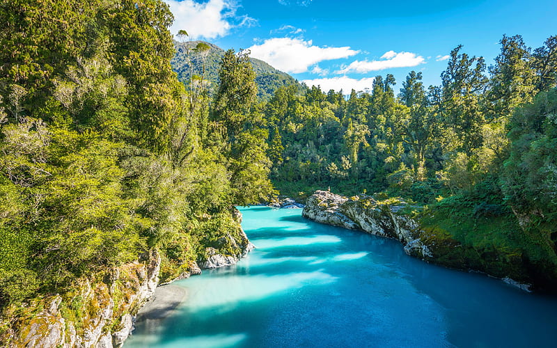 Blue River, mountains, summer, forest, South Island, New Zealand, Mount Aspiring National Park, beautiful nature Oceania, HD wallpaper