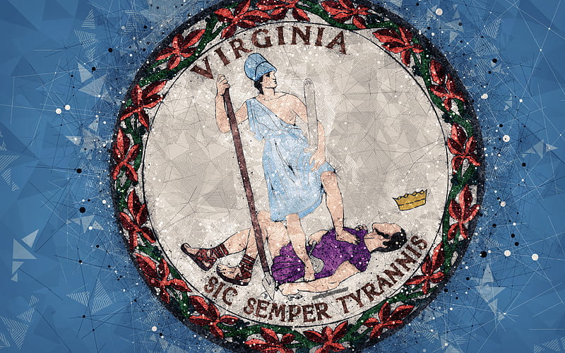 Seal of Virginia emblem, geometric art, Virginia State Seal, American states, blue background, creative art, Virginia, USA, state symbols USA, HD wallpaper