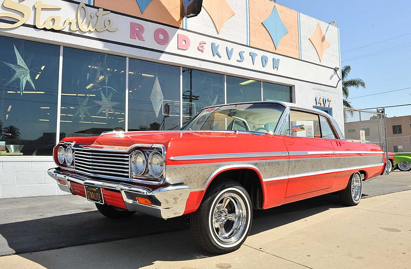 1964-Chevrolet-Impala, Classic, Red, GM, Bowtie, HD wallpaper