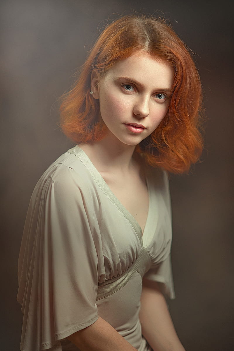 redhead, Pavel Cherepko, women, portrait, simple background, looking at viewer, blue eyes, HD phone wallpaper