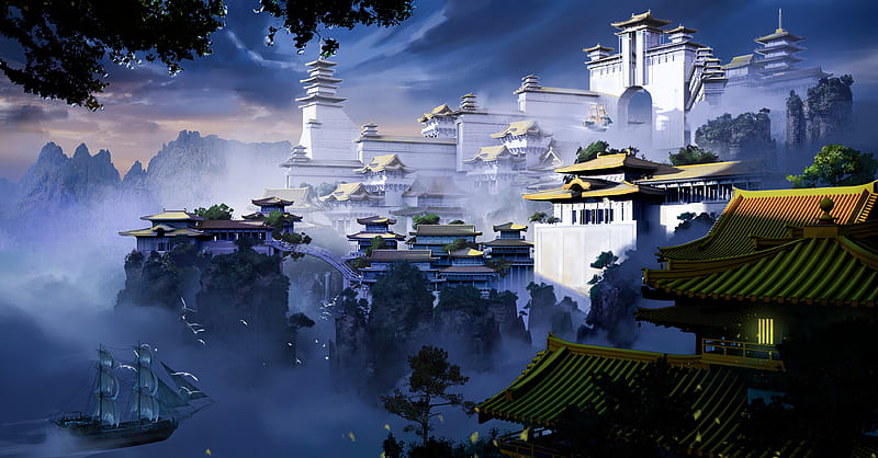 pagoda, temple, castle, fog, art, HD wallpaper
