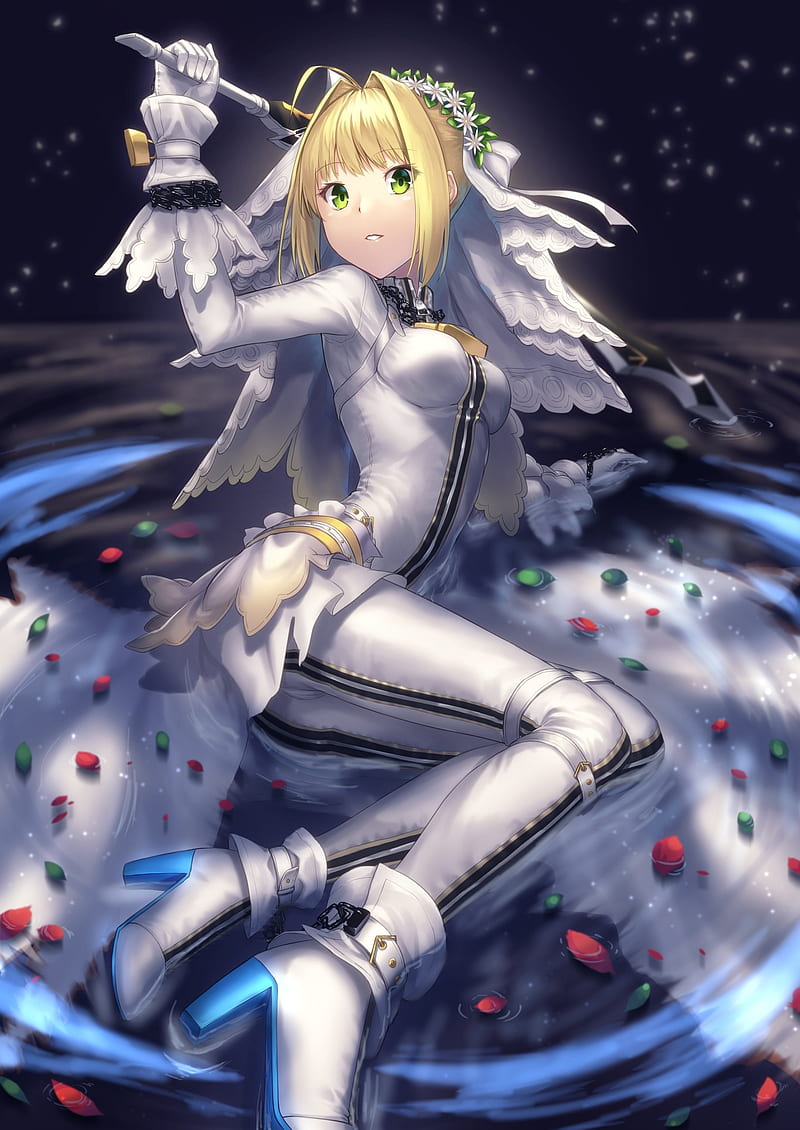 anime, anime girls, Fate/Extra, Fate/Extra CCC, Fate/Stay Night, Saber Bride, Saber Extra, bodysuit, sword, wet, short hair, blonde, green eyes, HD phone wallpaper