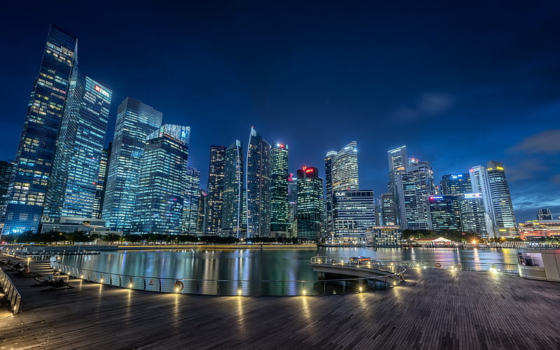 Singapore, Marina Bay, business center, evening, skyscrapers, Tanjong Pagar Centre, Guoco Tower, Marina Bay Financial Centre Tower 2, modern buildings, cityscape, Asia, HD wallpaper