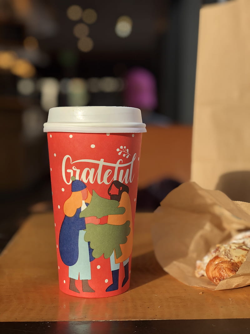 red and multicolored grateful disposable cup with lid near pastry on table, HD phone wallpaper