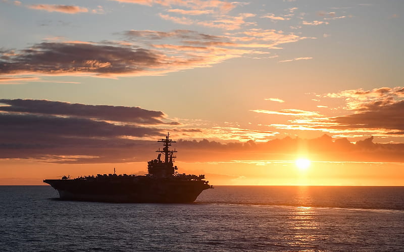 aircraft carrier, USS George H W Bush, Nimitz-class, CVN-77, American nuclear aircraft carrier, sunset, ocean, US Navy, HD wallpaper