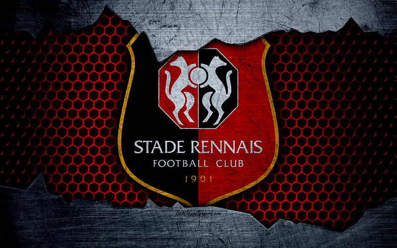 Rennes Liga 1, logo, grunge, soccer, football club, metal texture, Ligue 1, art, Rennes FC, HD wallpaper