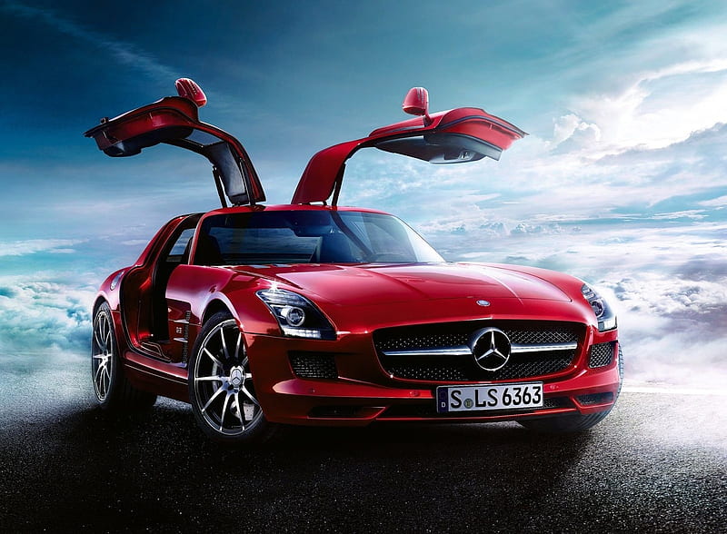 Dream Merc, red, gullwing, sls, wing, clouds, car, mercedes, gull, esports, HD wallpaper