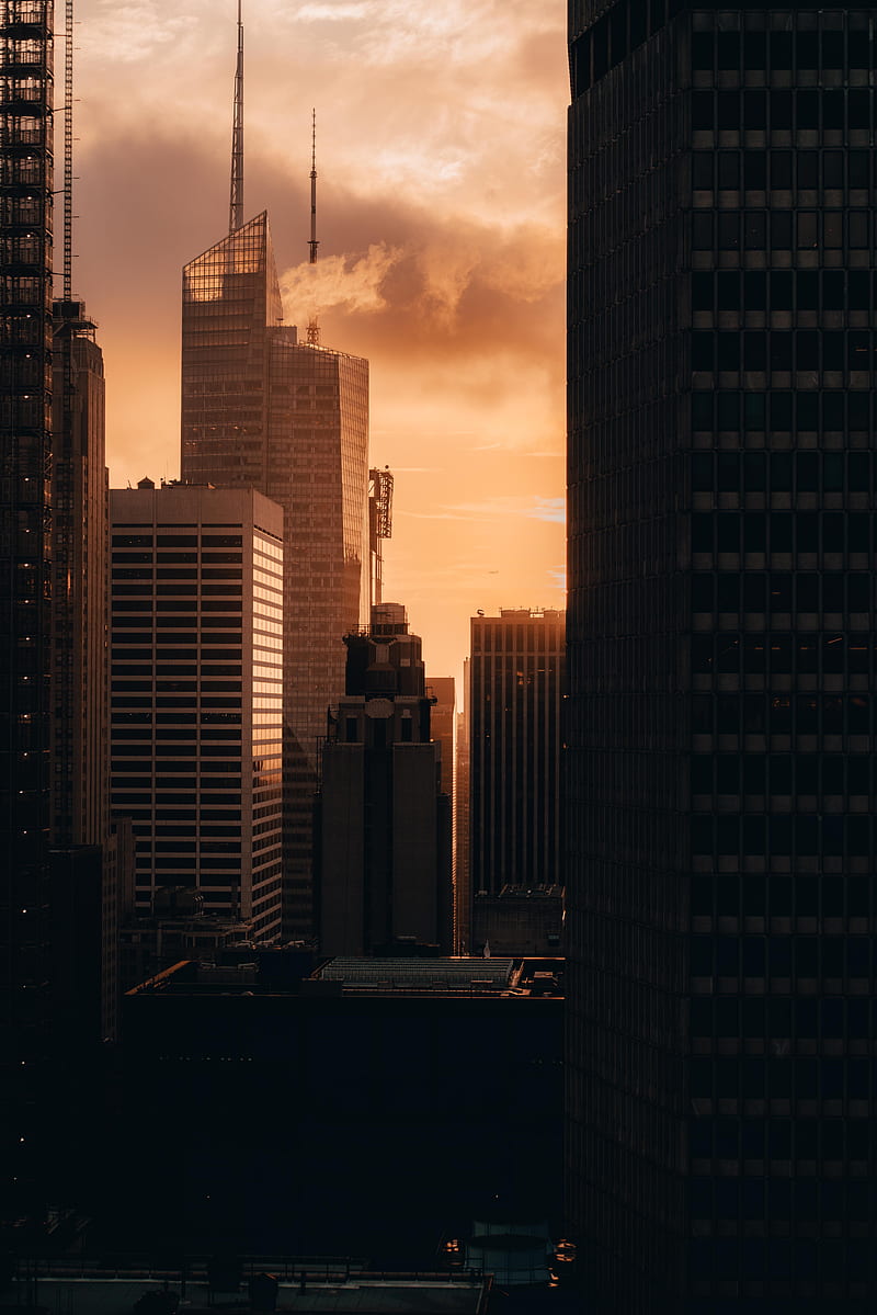 buildings, city, architecture, skyscrapers, sunset, HD phone wallpaper