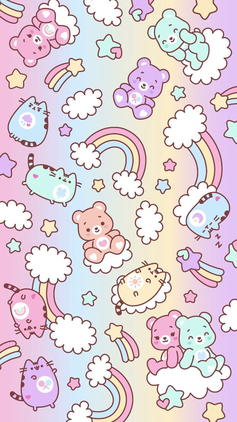 Pusheen CareBears, bears, cat, colorful, cute, pastel, pattern, rainbows, stars, HD phone wallpaper