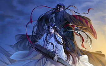 Wallpaper grey background, flute, red eyes, long hair, red ribbon, black  magic, Chinese clothing, Mo Dao Zu Shi for mobile and desktop, section  сёнэн, resolution 1920x1080 - download