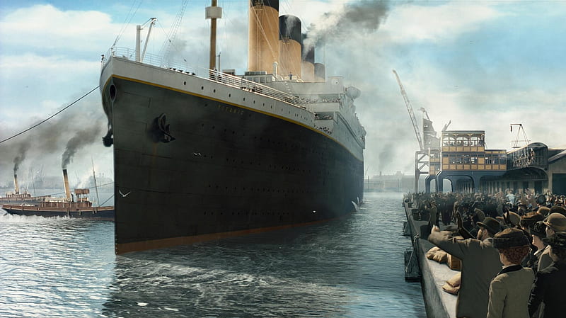 titanic, ship, people, ocean, wharf, HD wallpaper