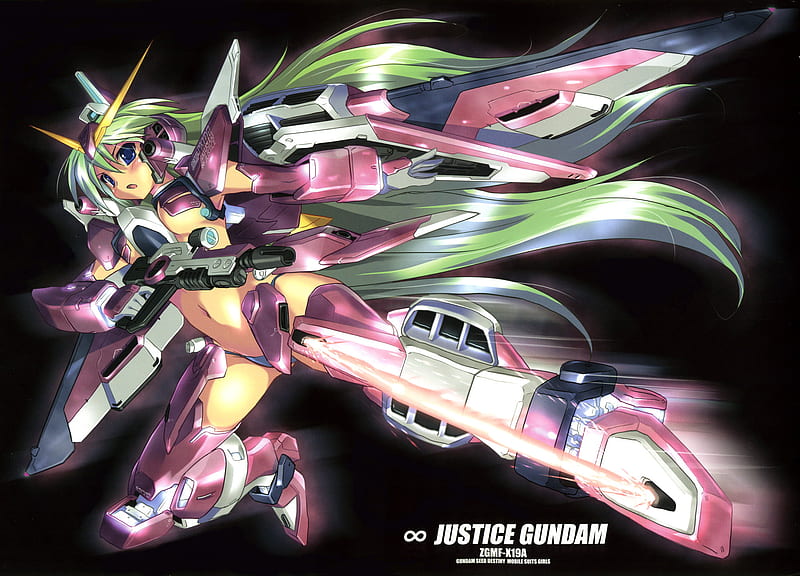 Infinite Justice Musume, mecha, purple, gundam seed, green hair, HD wallpaper