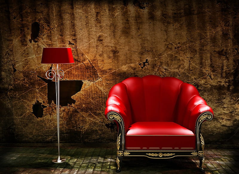 Red Chair, red, lamp, old wall, chair, stone flooring, HD wallpaper | Peakpx