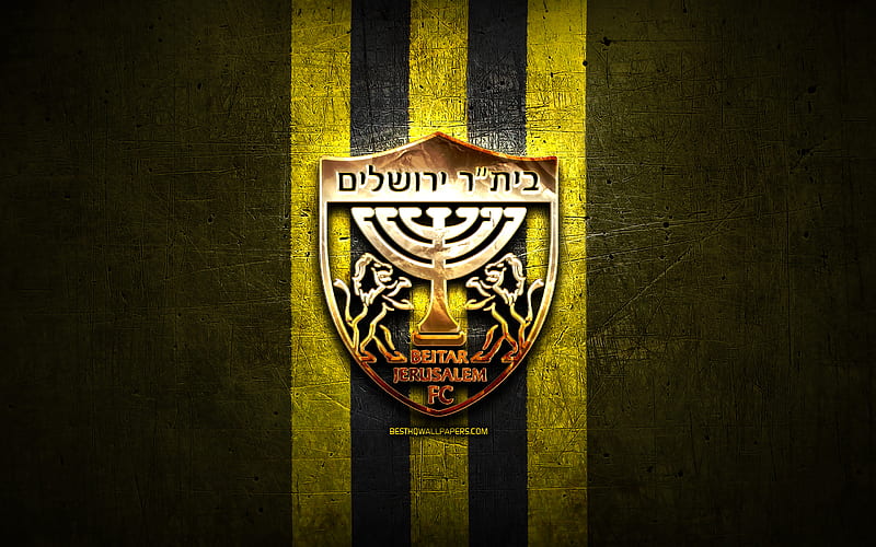 Beitar Jerusalem FC, golden logo, Ligat ha Al, yellow metal background, football, Israeli football club, Beitar Jerusalem logo, soccer, Beitar Jerusalem, HD wallpaper