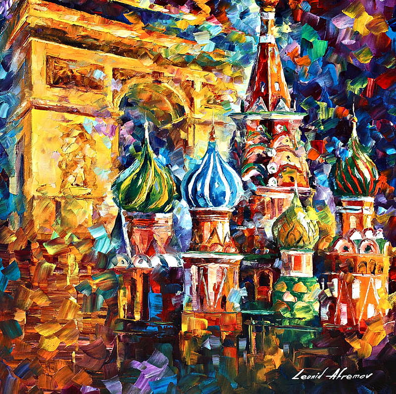 From Moscow to Paris, colorful, art, luminos, yellow, church, green, painting, leonid afremov, pictura, blue, HD wallpaper