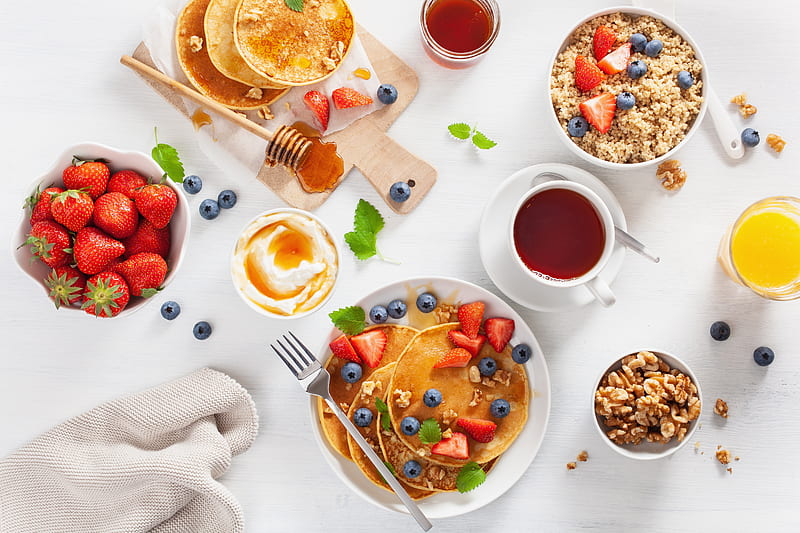 Food, Breakfast, Berry, Blueberry, Fruit, Juice, Pancake, Still Life, Strawberry, HD wallpaper
