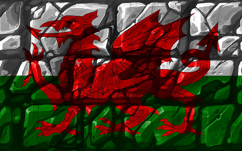 Welsh flag, brickwall European countries, national symbols, Flag of Wales, creative, Wales, Europe, Wales 3D flag, HD wallpaper