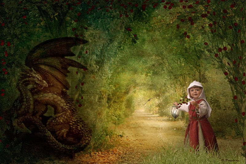Follow Me, forest, fantasy, child, dragon, HD wallpaper