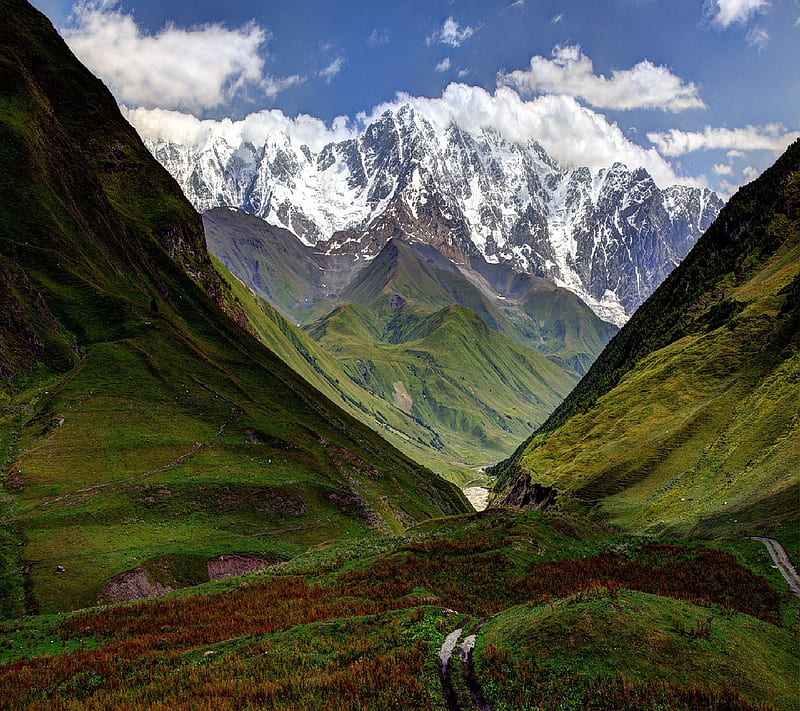 Nature, clouds, grass, land, mountains, road, sky, snow, trees, HD ...