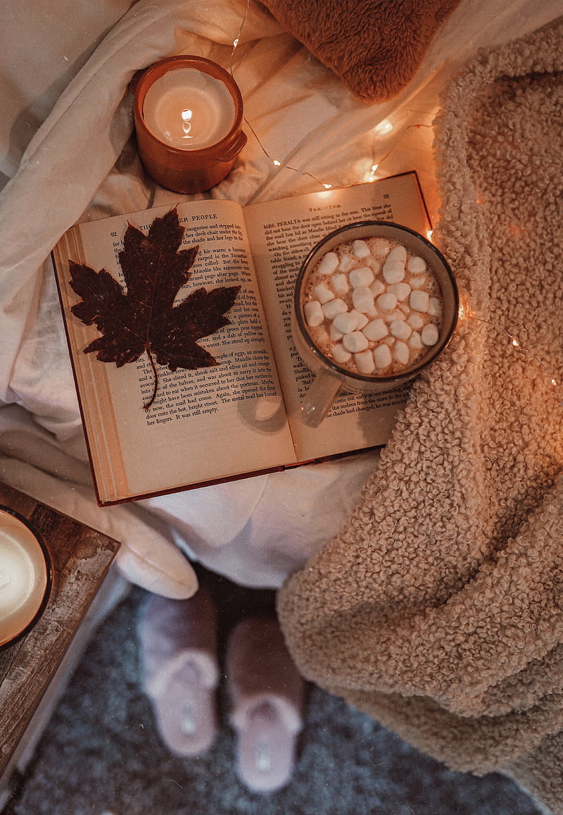 autumn, maple, cocoa, book, leaf, comfort, HD phone wallpaper