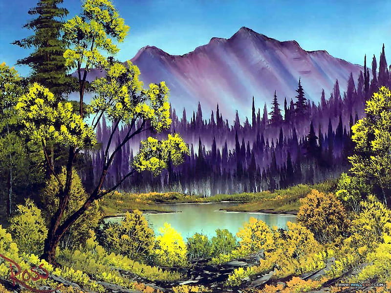 Hidden lake by Bob Ross, pond, mountain, art, tree, painting, bob ross, HD wallpaper