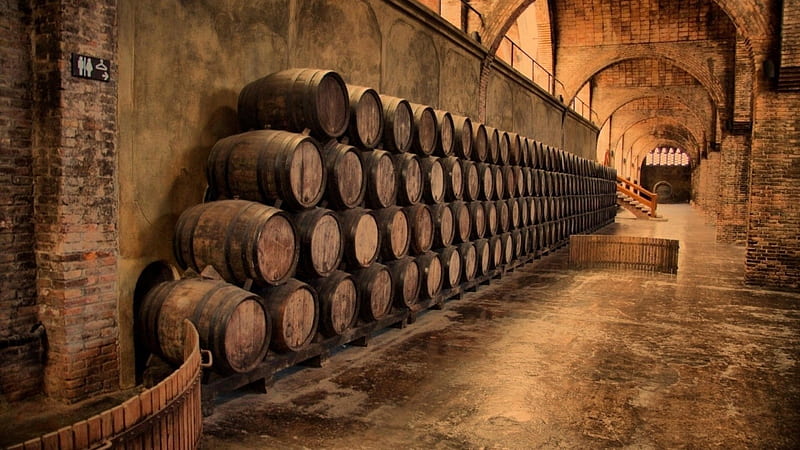 stack of wine barrels r, arches, brick, r, barrels, winery, HD wallpaper