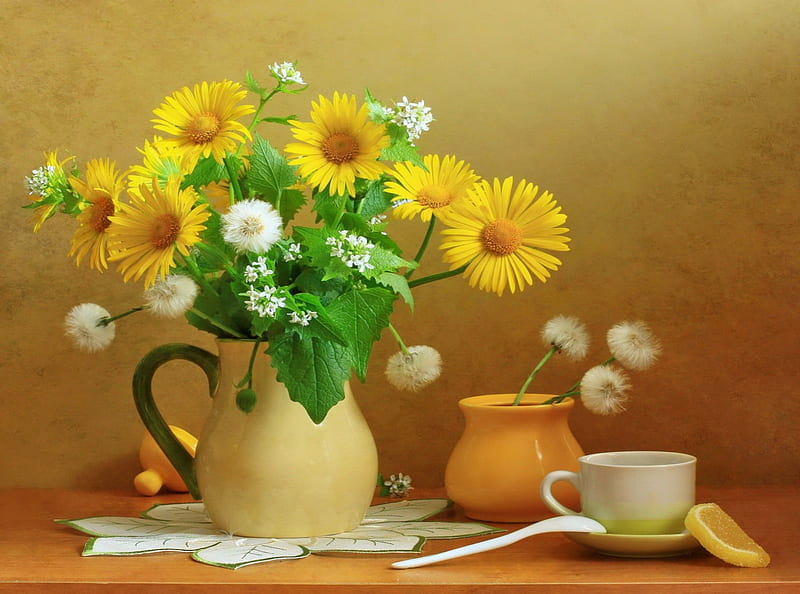 Still life, pretty, dandelions, yellow, vase, bonito, tea, leaves, nice, elegance, flowers, morning, harmony, lovely, spring, delicate, freshness, lemon, coffee, cup, petals, HD wallpaper