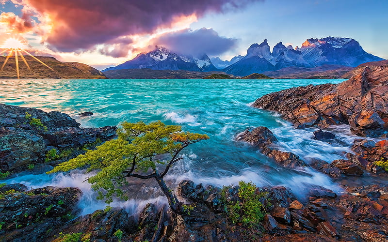 Torres del Paine National Park, sunset, sea, mountains, Patagonia, chilean nature, South America, beautiful nature, HD wallpaper