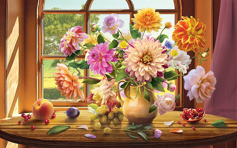 Still life, Dahlias, Window, Table, Fruits, Roses, Roas, Pitcher, HD wallpaper