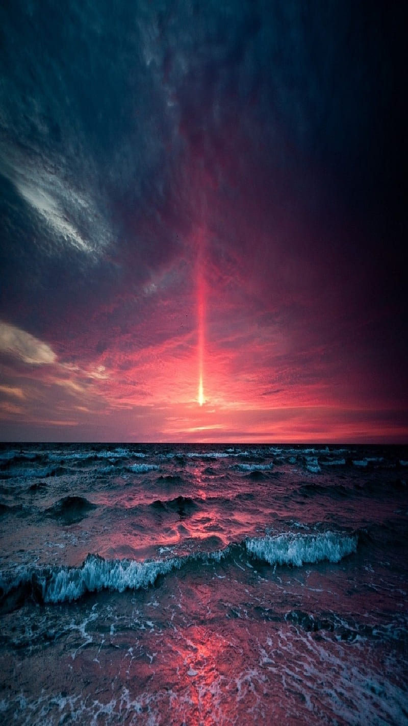 Pink sunset, dream, sky, water, beach, fantasy, ocean, sea, waves, sand, HD phone wallpaper