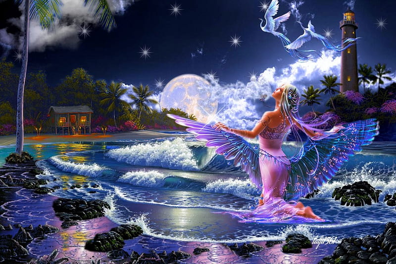 Moon Fairy, Ocean, Waves, Fairy, Beaches, HD wallpaper