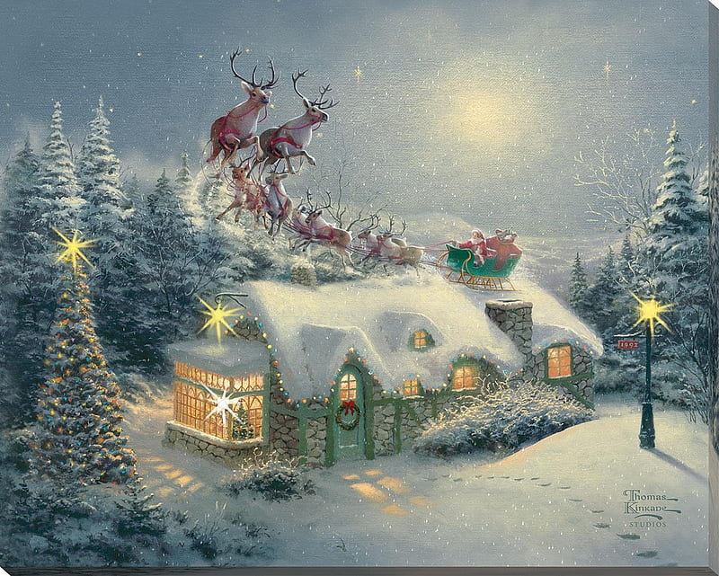 Dash away all lighted wrapped, santa, snow, craciun, christmas, painting, reindeer, pictura, thomas kinkade, house, HD wallpaper