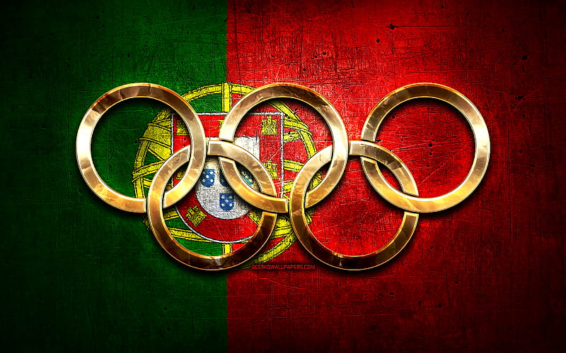 Portuguese olympic team, golden olympic rings, Portugal at the Olympics, creative, Portuguese flag, metal background, Portugal Olympic Team, flag of Portugal, HD wallpaper