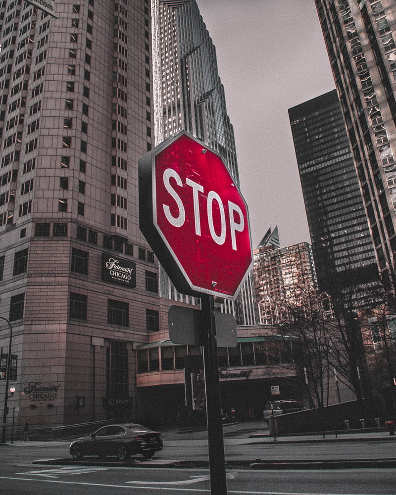 stop, sign, word, buildings, city, HD phone wallpaper