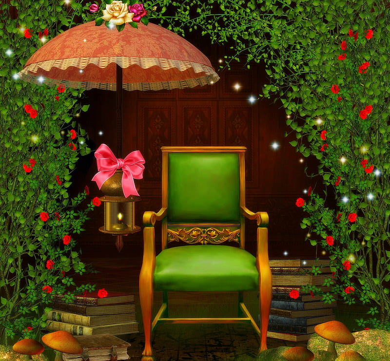 ✼Green Chair✼, rocks, pretty, grass, lantern, books, premade BG, creeping plants, umbrella, attractions in dreams, bonito, bow, stock , flowers, light, resources, lovely, colors, love four seasons, roses vines, creative pre-made, roses, green chair, cool, plants, garden, mushrooms, HD wallpaper