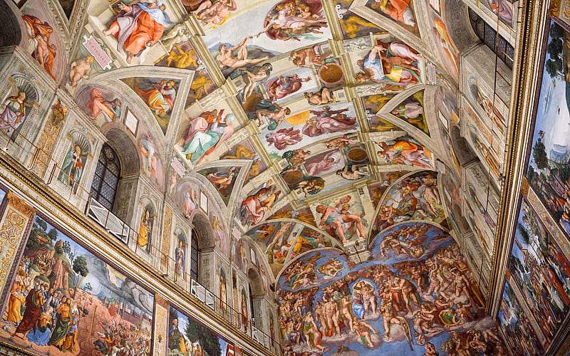 Sistine Chapel, Apostolic Palace, frescoes, paintings on walls, Michelangelo, Roman Catholic, Vatican City, HD wallpaper