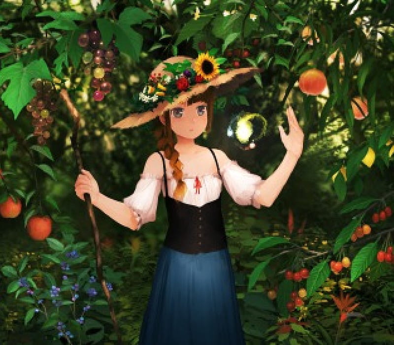 Fruit Garden, pretty, dress, cg, plant, woods, magic, sweet, fruit, nice, fantasy, green, anime, anime girl, scenery, forest, female, lovely, hat, grape, girl, sundress, scene, HD wallpaper