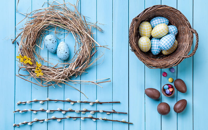 Easter, nest, Easter eggs, chocolates, decoration, Happy Easter, HD wallpaper