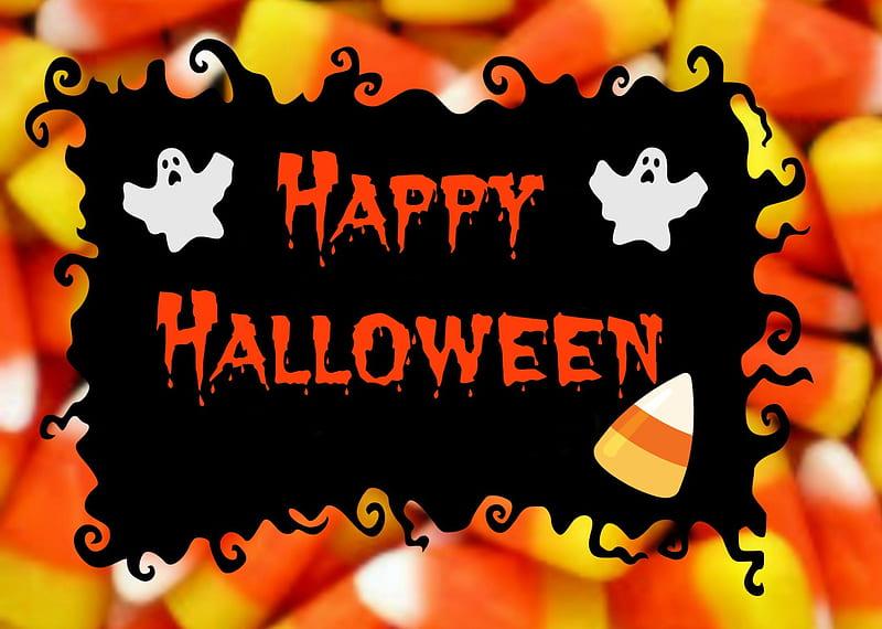 Happy Halloween, candy, candy corn, ghosts, Halloween, HD wallpaper