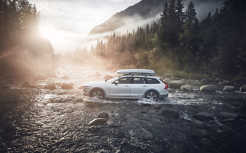 Volvo V90 Cross Country, 2017 morning, forest, off-road, mountain landscape, Volvo, HD wallpaper