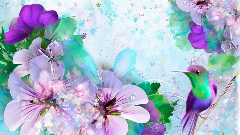 Spring Rhapsody, bird, sprinkle, summer, flowers, pastels, spring, collage, hummingbird, HD wallpaper